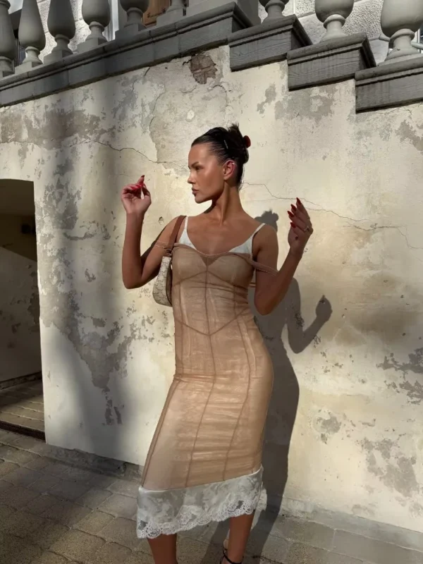 S80010aaa217d42bd96d3948b4eaa16ed7.webp Women Sheer Mesh Overlay Midi Dress Waist Cinched Sleeveless Spaghetti Strap 2026 Summer Accessories Trendy Classy Lady Outfits
