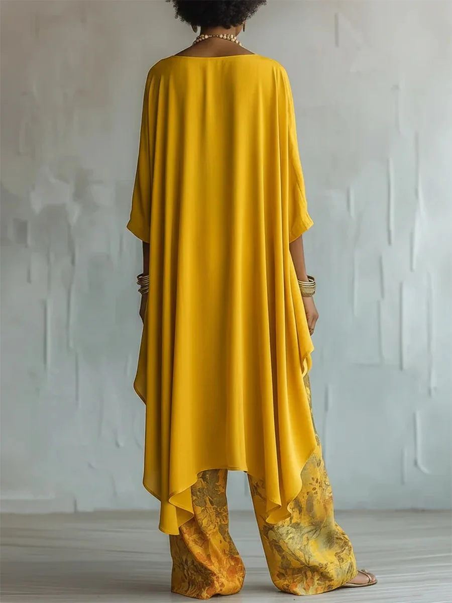 Casual Two Piece Set Loose O-neck 3/4 Sleeve Irregular Solid Color Extended Top Printed Wide Leg Pants Suit Fashion Commuting - Image 3