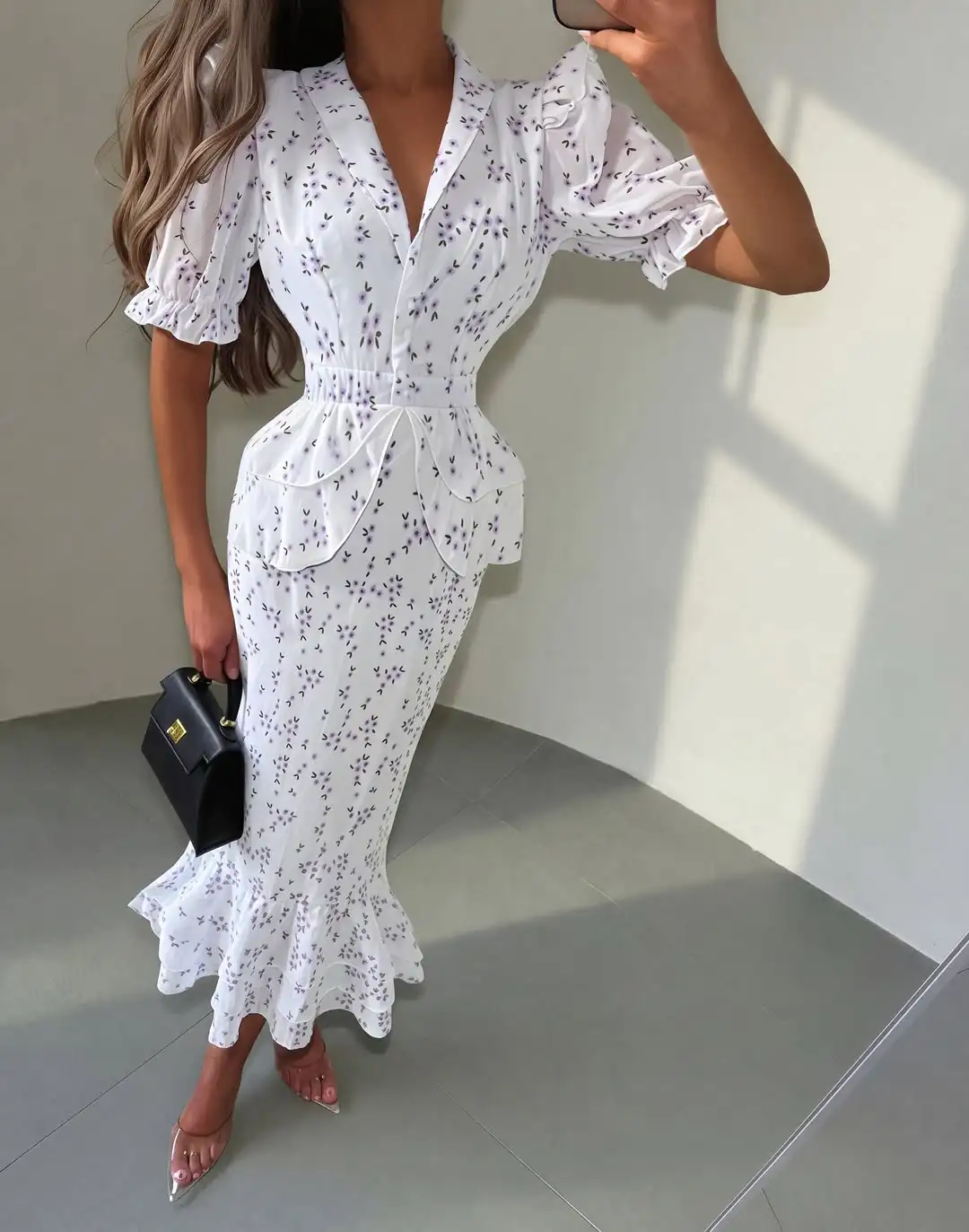 Organza Floral Printed Maxi Dress Women V Neck High Split Puff Sleeve Waist Cinching Ruffle Long Dresses Vacation Summer Outfits - Image 10