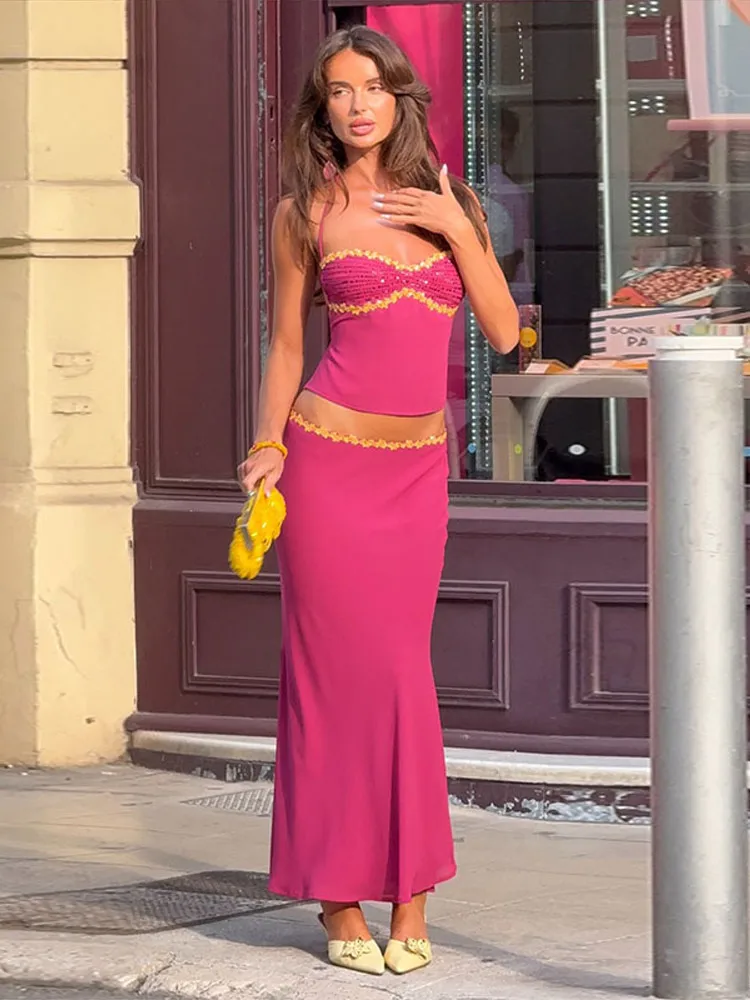 2 Piece Skirt Set Sequin Trim Halter Crop Top Maxi Skirt 2026 Spring Summer Y2K Night Out Clubwear Party Bodycon Co-ord Outfit