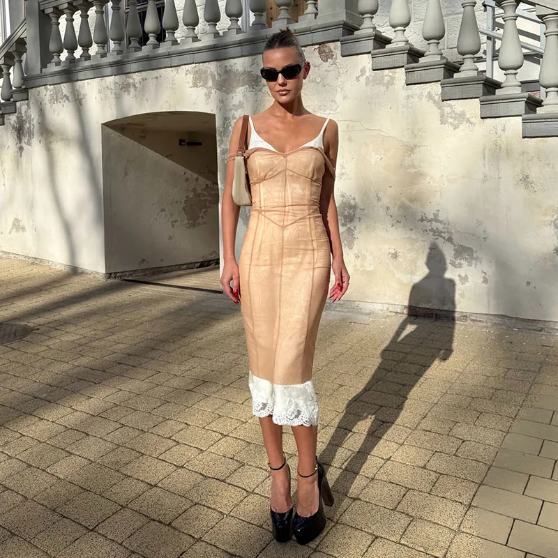 Mesh Overlay Lace Hem Slip Midi Dress Slim Spaghetti Strap Sheer 2026 Summer Elegant Women Bodycon Dress Retro Date Lady Gown - Image 7