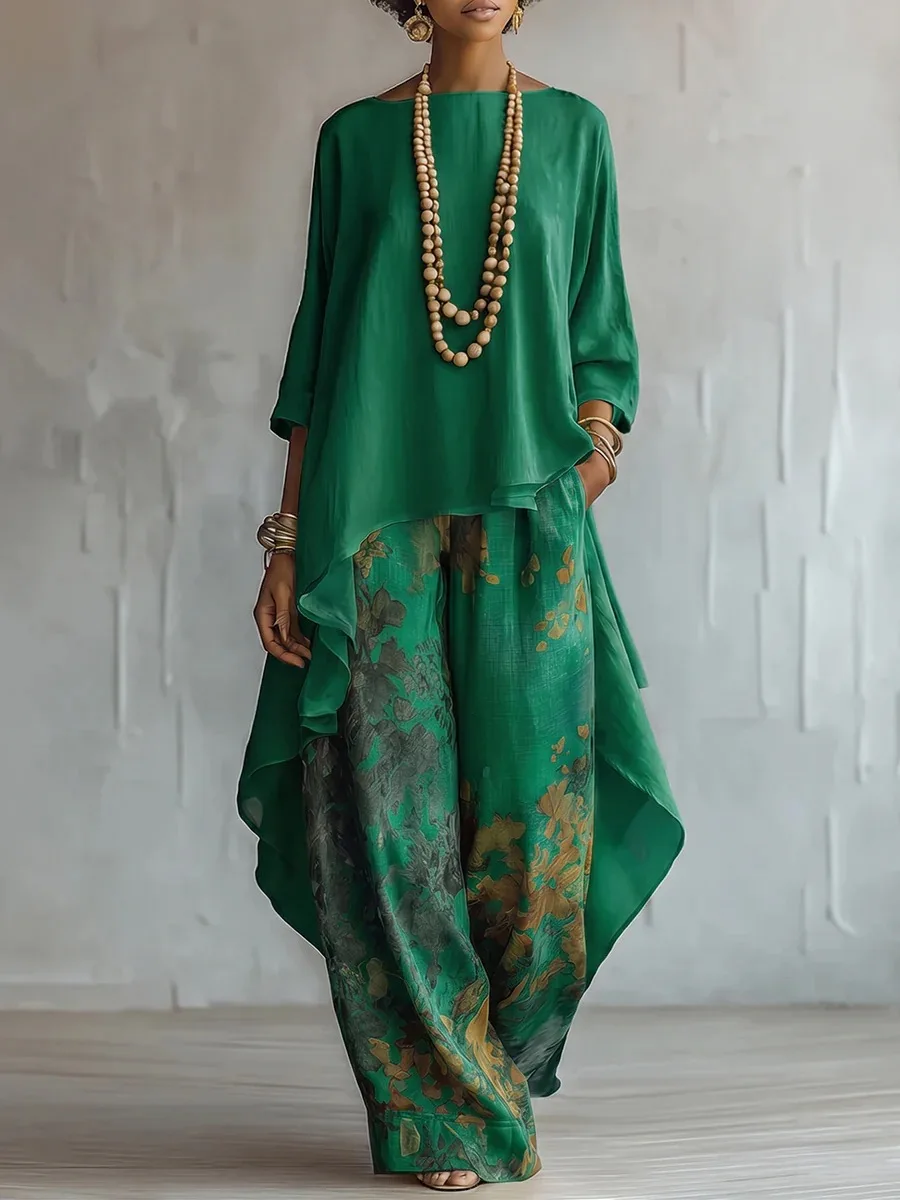 Casual Two Piece Set Loose O-neck 3/4 Sleeve Irregular Solid Color Extended Top Printed Wide Leg Pants Suit Fashion Commuting - Image 5