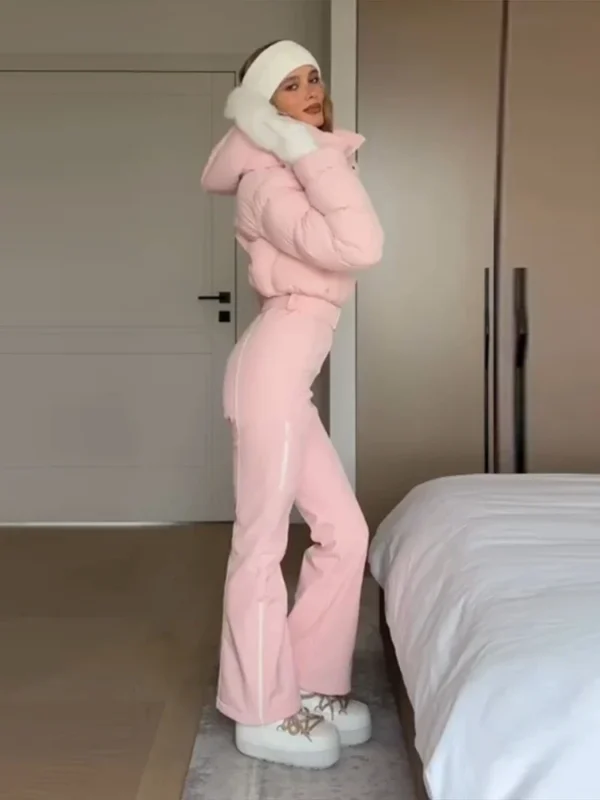 S88f3b8bce70540cba5505d33467429154.webp Women Fur Collar Hooded Skiwear Fashion Solid Thicken Zipper High Waist Slim Outdoor Overalls Jumpsuit Lady Winter Outwear