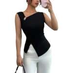 S893deff36763450a95eb0cb9c762c3c0z.webp Womens Tank Top Asymmetric Ruched Split Decor Tank Top Ruched Blouse Fitted Elegant Chic Apparel Tops Spring Summer Daily Shirts