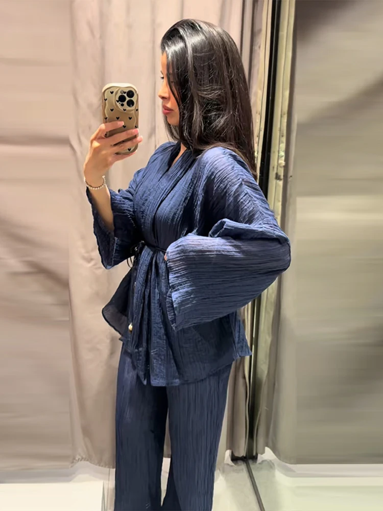 Sheer Striped V-Neck Wrap Loungewear Set with Belt Kimono Sleeve Wrap Wide-Leg Pants 2026 Summer Casual Women Loungewear Outfits - Image 5
