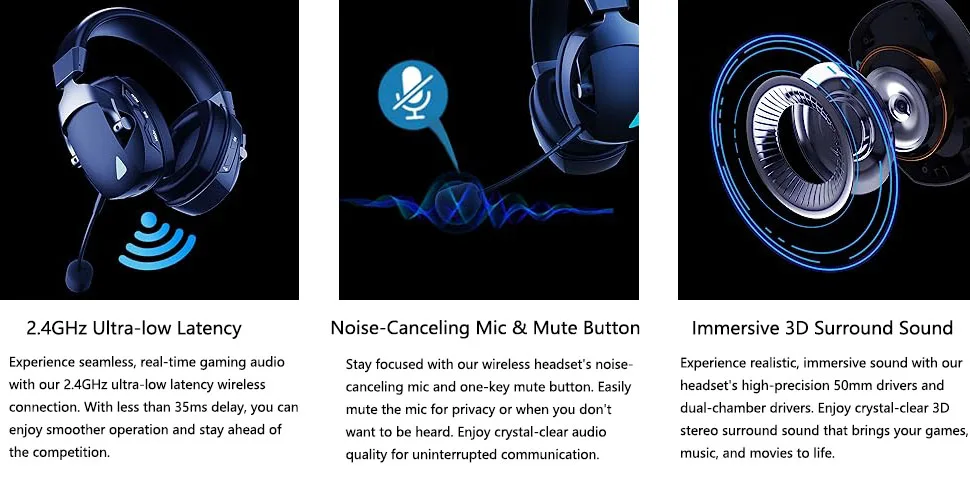 Gaming Headset with Detachable Noise Cancelling Microphone,2.4G Bluetooth-USB-3.5mm Wired Jack 3 Modes for Multi-device - Image 11