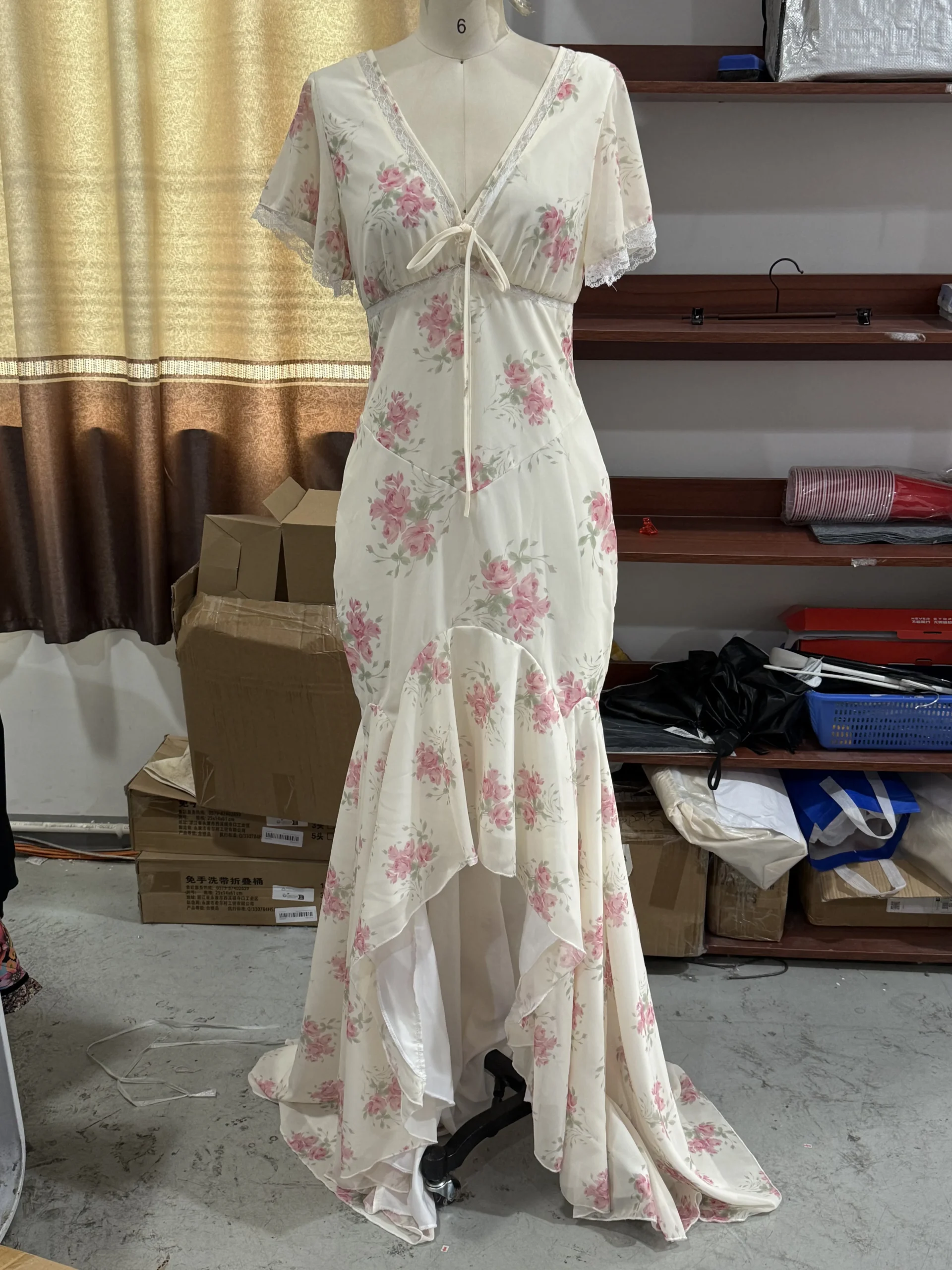 Organza Floral Printed Maxi Dress Women V Neck High Split Puff Sleeve Waist Cinching Ruffle Long Dresses Vacation Summer Outfits - Image 9