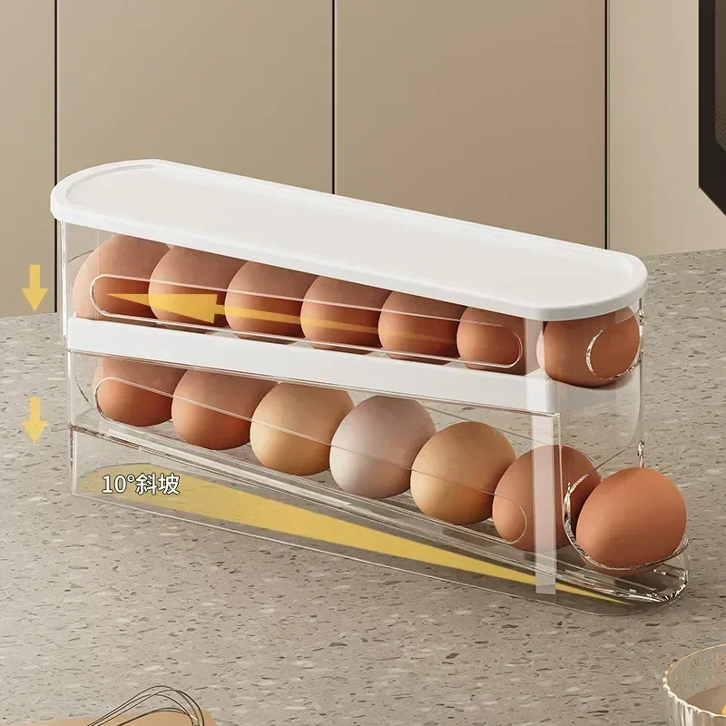 Bilayer Fridge Egg Storage Box Ladder Style Automatic Rolling Egg Holder Rack Refrigerator Dispenser Egg Organizer - Image 4
