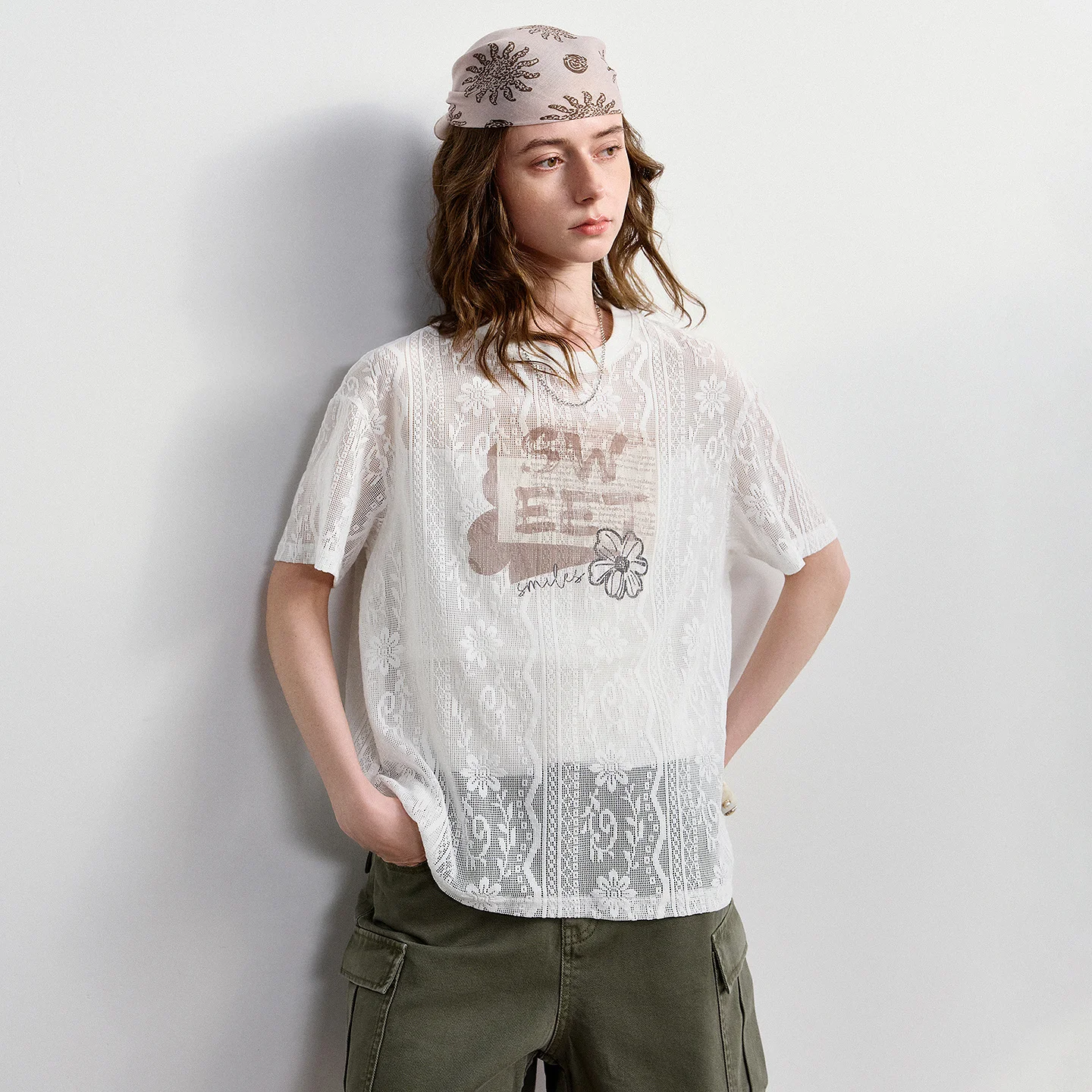 TOYOUTH Women Lace Sheer T-Shirt 2026 Summer New Letter Flower Print Loose Drop Shoulder Fashion Pullover Tops - Image 2