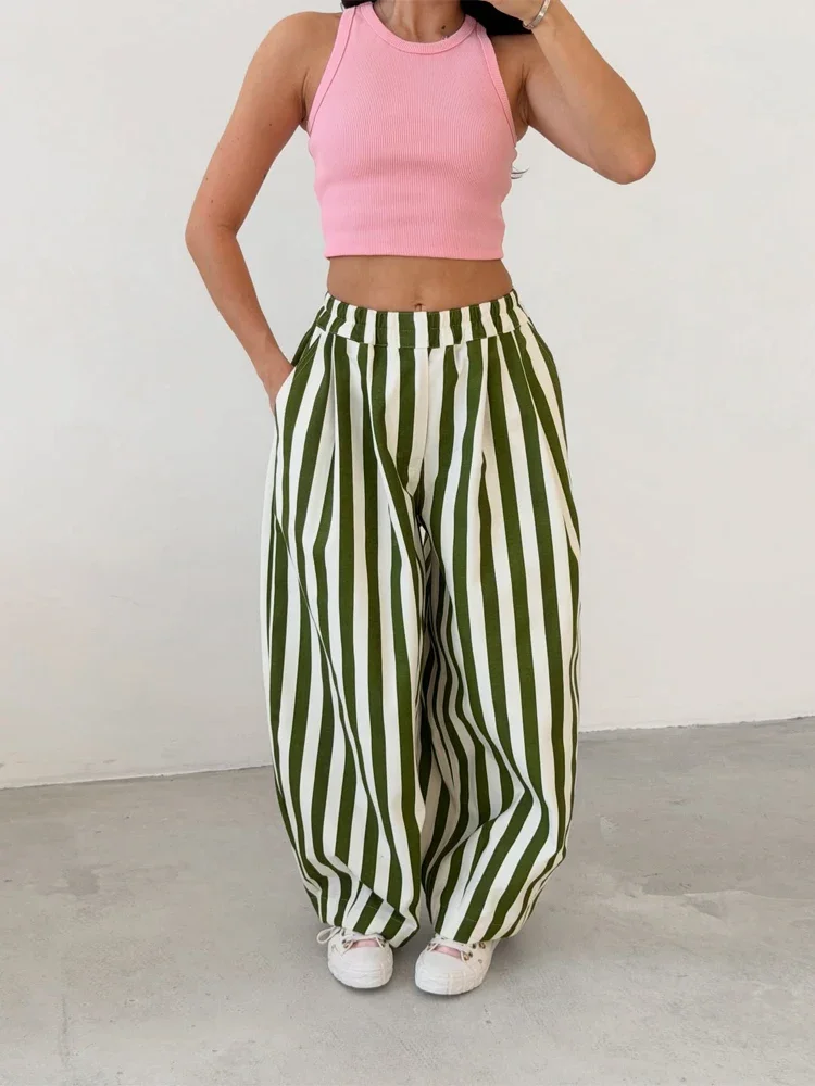 Casual Striped Balloon Pants Women Chic Elastic Waist Wide Leg Loose Fit Long Trousers 2026 Summer Lady Daily Street Wear New - Image 9