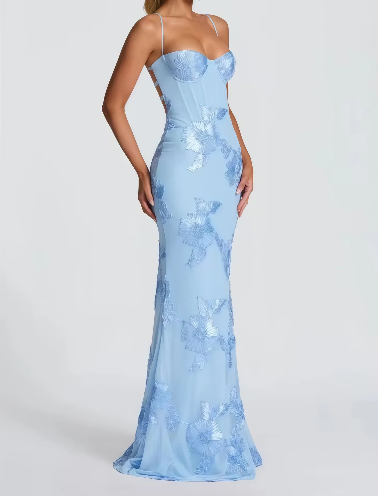 Elegant Women 3d Embroidery Floral Long Dress Women Backless Cross Tied Spaghetti Strap Robe Slim Floor Length Evening Dresses - Image 5