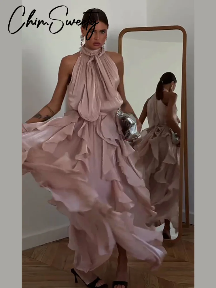 Sexy Cascading Ruffle Pleated Women Long Dress Fashion Lace Up Sleeveless Empire Female Dresses 2026 Spring Summer Lady Robe New - Image 4