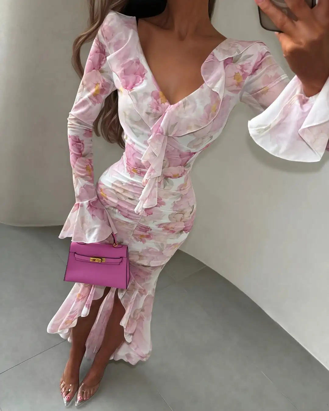 Organza Floral Printed Maxi Dress Women V Neck High Split Puff Sleeve Waist Cinching Ruffle Long Dresses Vacation Summer Outfits - Image 13