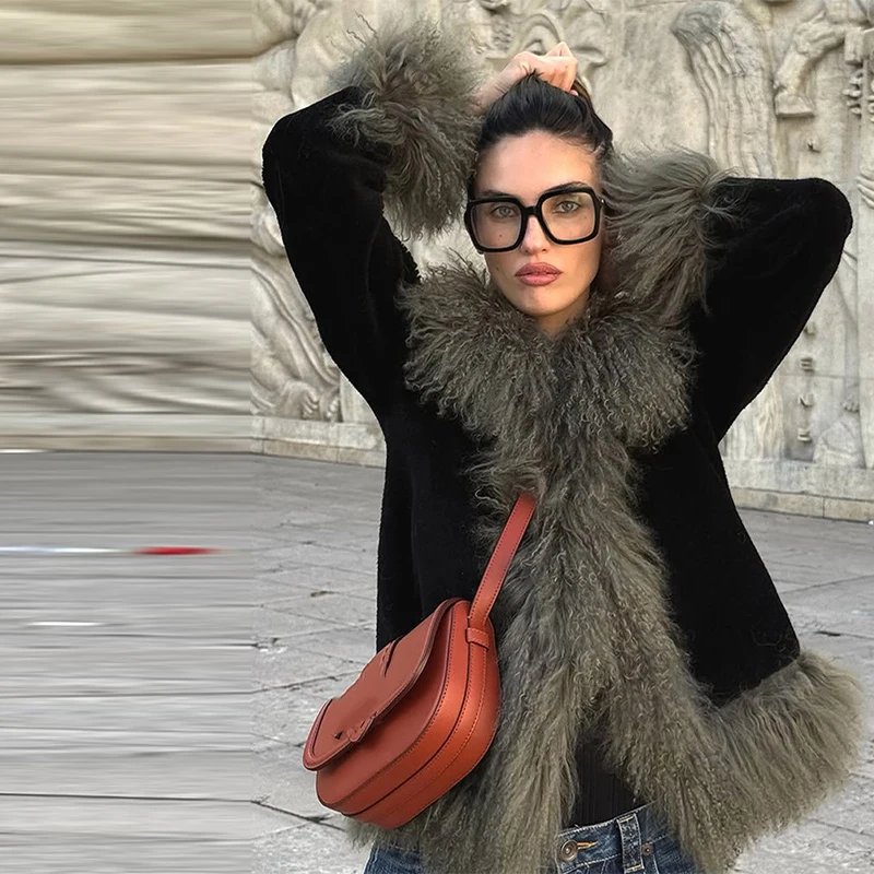Vintage Patchwork Women's Faux Fur Trim Coat Urban Lapel Full Sleeve Female Jacket Female 2026 Autumn Winter Lady Streetwear New - Image 9