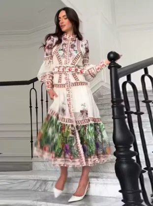 Vintage Print High Neck Midi Dress Belted Waist Bell Sleeve Flared Hem 2026 Summer Spring Chic Women Elegant Wedding Guest Gown - Image 10