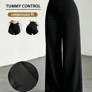 S95955f9538884e94a8d7cca655549f41S.webp Lady's Black Cross-Waist Wide-Leg Pants, High-Waisted Abdominal-Reducing Casual Yoga Pants, Medium Stretch, Straight-Leg Style