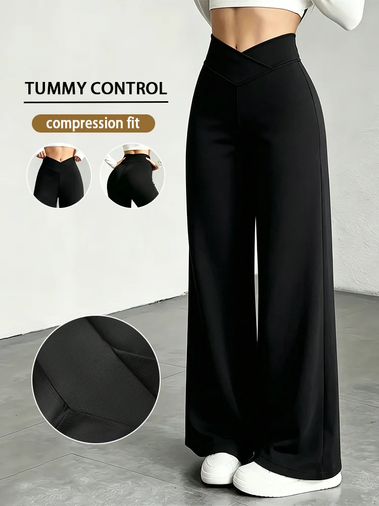 Lady's Black Cross-Waist Wide-Leg Pants, High-Waisted Abdominal-Reducing Casual Yoga Pants, Medium Stretch, Straight-Leg Style