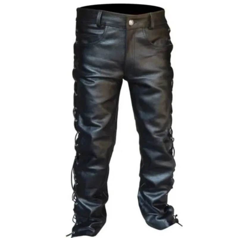 Men's Black Thick Leather Side Laces Up Jeans Style Long Pant Motorcycle Leather Trousers Leather Motorcycle Pants - Image 2