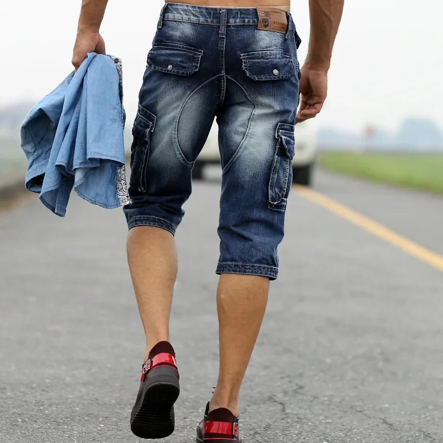 Men's Fashion Cargo Denim Shorts with Multi Pockets Slim Fit Military Jeans Shorts for Male Washed - Image 4