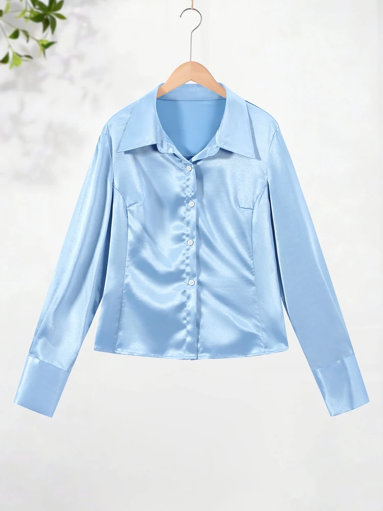 Elegant Women's Shirt Turn-down Collar Full Sleeve Single Breasted Solid Female Satin Top 2026 Summer Commute Fashion Lady Tops