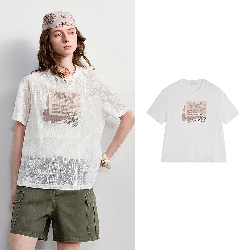 TOYOUTH Women Lace Sheer T-Shirt 2026 Summer New Letter Flower Print Loose Drop Shoulder Fashion Pullover Tops - Image 6