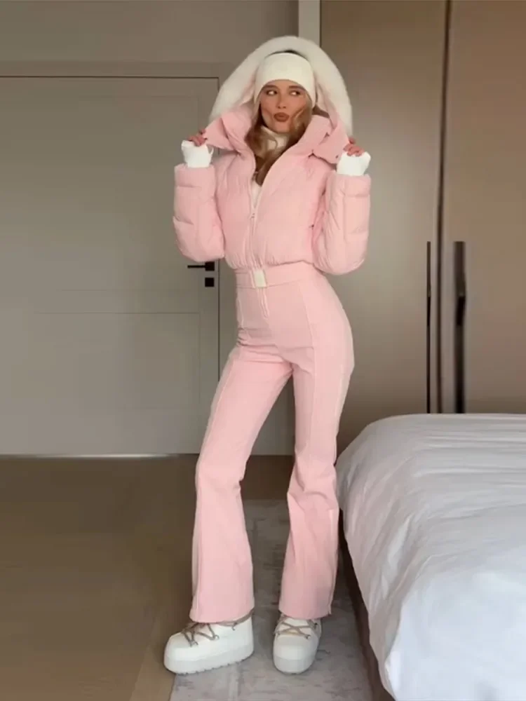 Women Fur Collar Hooded Skiwear Fashion Solid Thicken Zipper High Waist Slim Outdoor Overalls Jumpsuit Lady Winter Outwear - Image 4