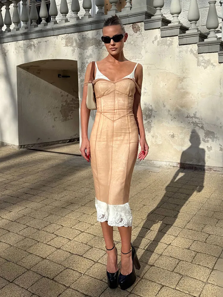 Mesh Overlay Lace Hem Slip Midi Dress Slim Spaghetti Strap Sheer 2026 Summer Elegant Women Bodycon Dress Retro Date Lady Gown - Image 5