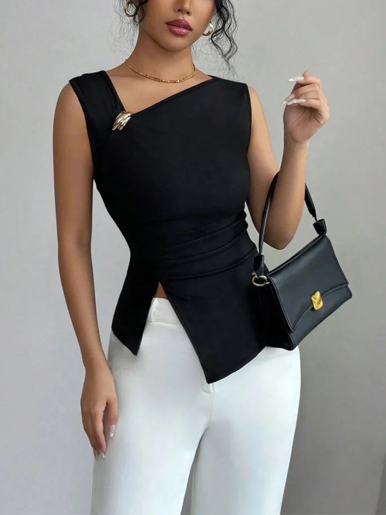 Sa152b6d8d4e946de8f03618637e08f11R.webp Womens Tank Top Asymmetric Ruched Split Decor Tank Top Ruched Blouse Fitted Elegant Chic Apparel Tops Spring Summer Daily Shirts