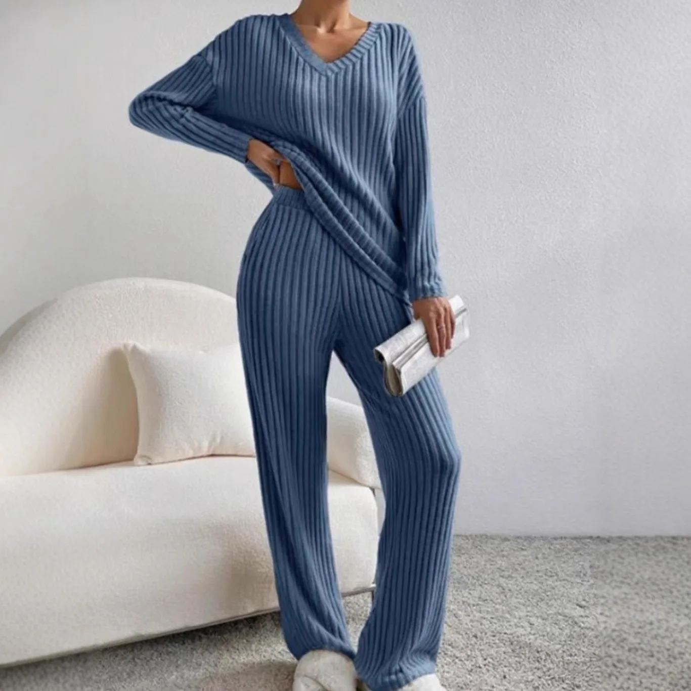 Fashionable Knitted Two-Piece Set Casual V-Neck Long Pants Autumn Winter New Style Loose Fit Korean Style Comfortable Polyester - Image 4