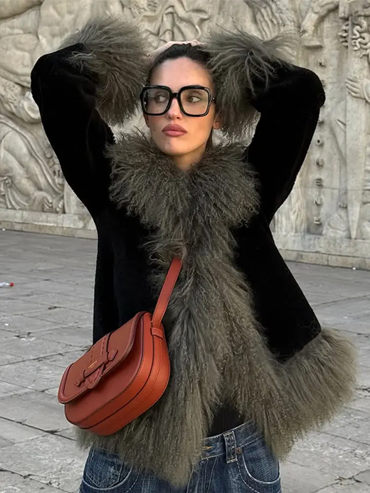 Vintage Patchwork Women's Faux Fur Trim Coat Urban Lapel Full Sleeve Female Jacket Female 2026 Autumn Winter Lady Streetwear New
