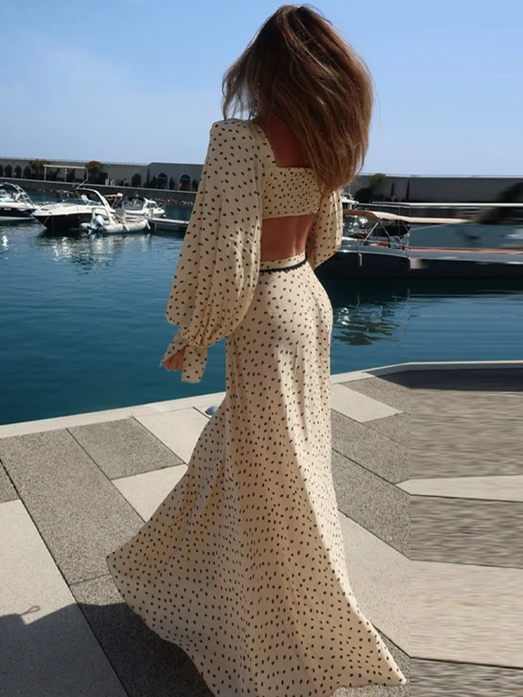 Fashion Women's Polka Dot Long Skirt Set Square Neck Lantern Sleeve Lace Crop Top High Waist A-line Skirts 2026 Summer Lady Suit - Image 4