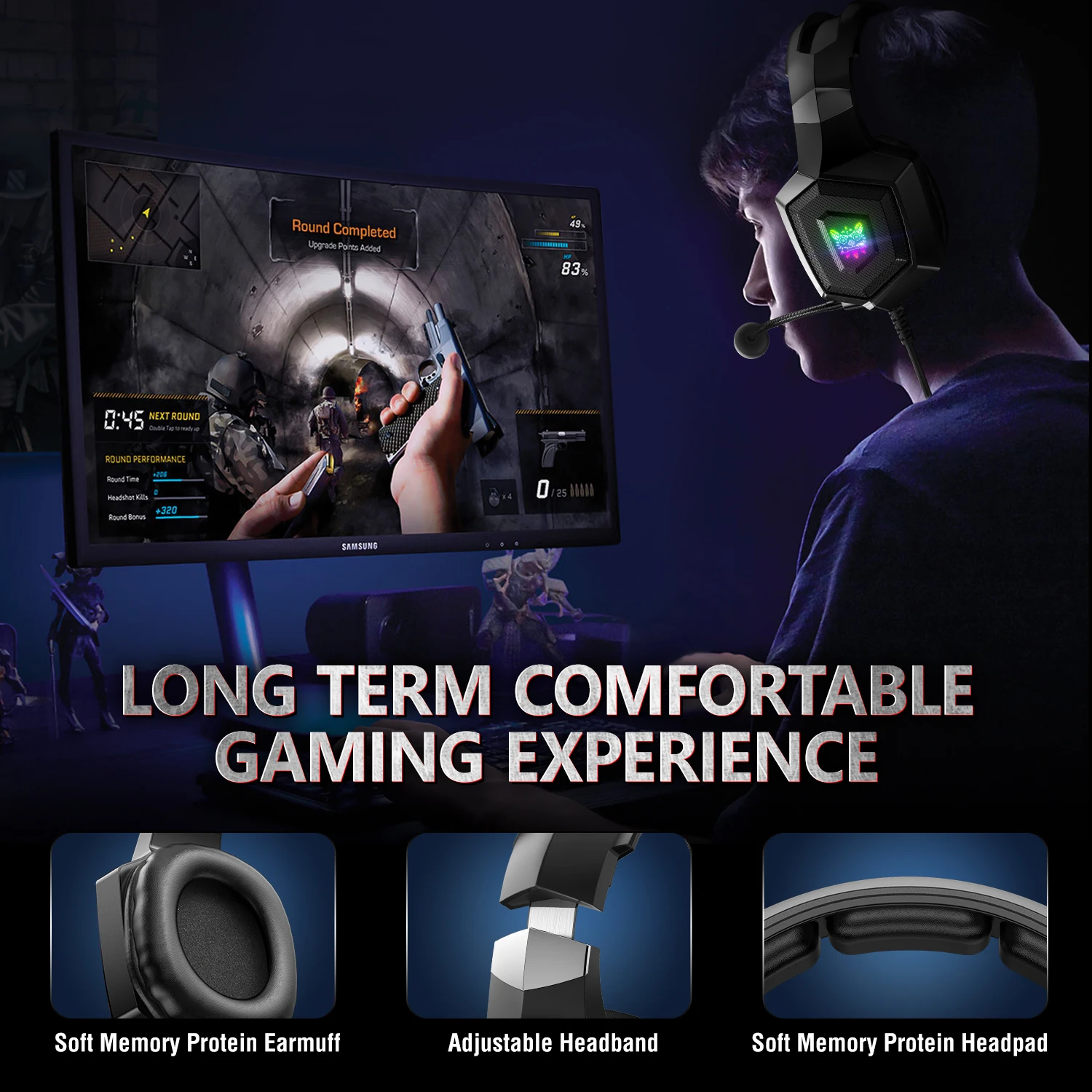 ONIKUMA K8 Gaming Headphones with Flexible HD Mic RGB Light Surround Sound Over-Ear Wired Headset Gamer for PC Gaming Xbox - Image 3