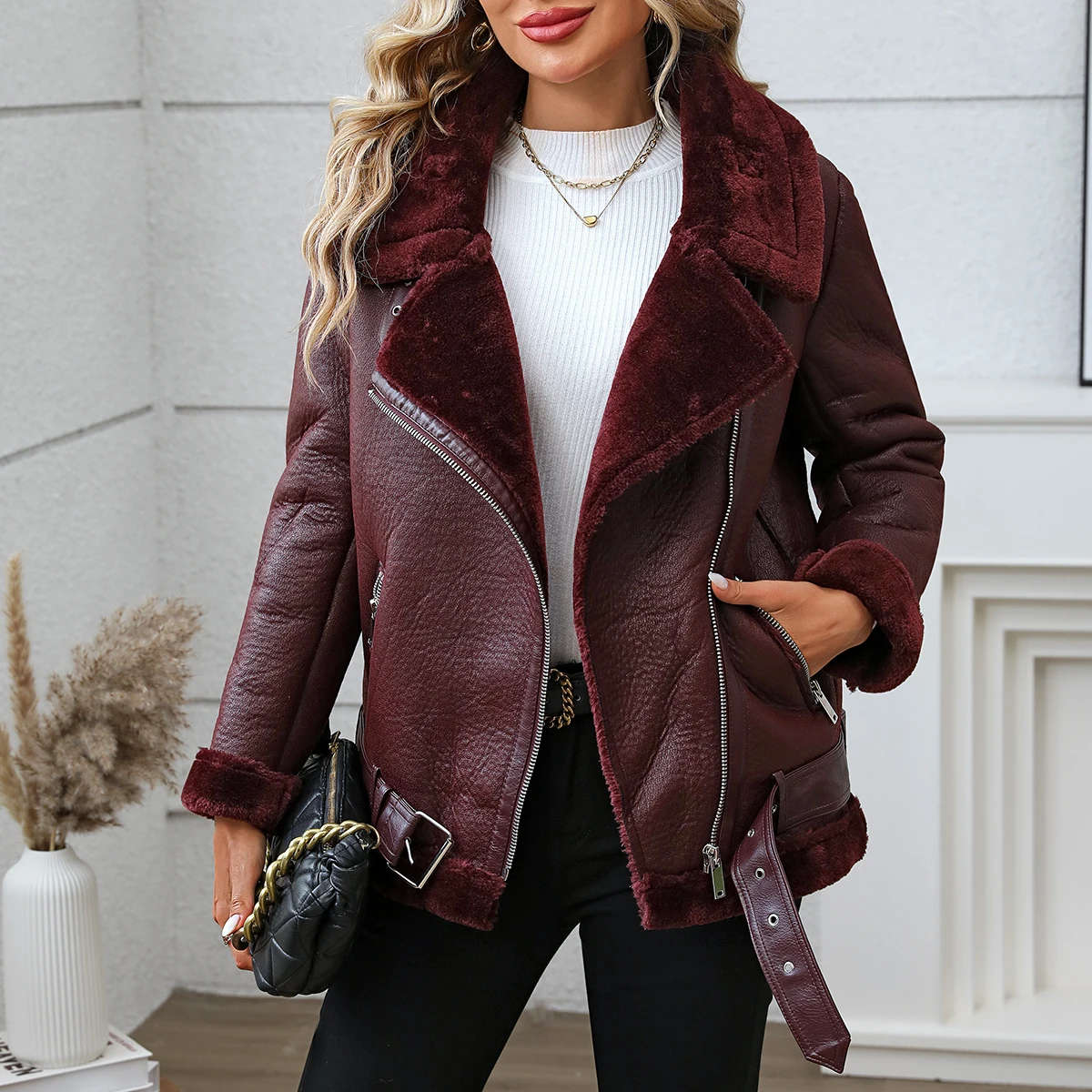 Fitaylor Winter Women Faux Fur Leather Jacket Casual Lady Thick Warm Leather Coat High Street Motorcycle Outwear - Image 8