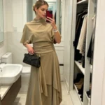 Sa8d573902fae4a9aa9758779c5c927e3U.webp Women Camel Draped Two Piece Set Elegant Mock Neck Ruched Waist Top Asymmetric Midi Skirt 2026 Casual Daily Date Office Outfit