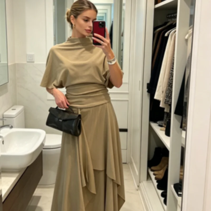 Women Camel Draped Two Piece Set Elegant Mock Neck Ruched Waist Top Asymmetric Midi Skirt 2026 Casual Daily Date Office Outfit - Image 5