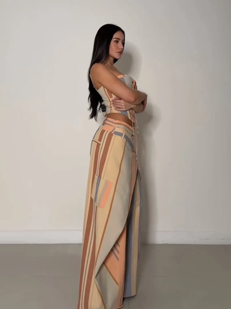 Sexy Print Vest Pants Women Set Beach Patchwork Slash Neck Lace Up Top Pleated Trousers 2026 Summer Holidays Lady Outfit - Image 2