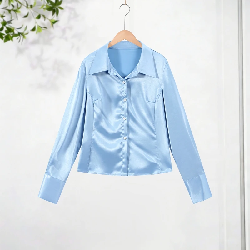 Elegant Women's Shirt Turn-down Collar Full Sleeve Single Breasted Solid Female Satin Top 2026 Summer Commute Fashion Lady Tops - Image 7