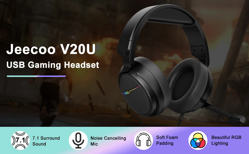 Jeecoo V20U USB Gaming Headset for Surround Sound Headphones with Noise Cancelling Mic Memory Foam Ear Pads for Laptop Computer - Image 7