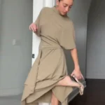 Sabadeef49d984a18b34f789e3ed0a3c6s.webp Women Camel Draped Two Piece Set Elegant Mock Neck Ruched Waist Top Asymmetric Midi Skirt 2026 Casual Daily Date Office Outfit