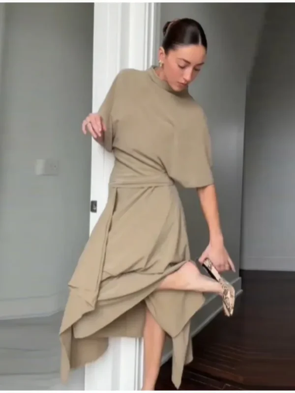Sabadeef49d984a18b34f789e3ed0a3c6s.webp Women Camel Draped Two Piece Set Elegant Mock Neck Ruched Waist Top Asymmetric Midi Skirt 2026 Casual Daily Date Office Outfit