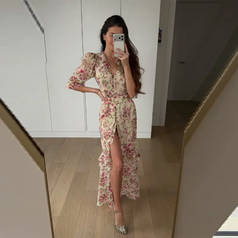 Women Chic Pink Floral Print Maxi Vestido Elegant V Neck Ruffle Trim Flare Sleeve Ruched High Chiffon Dress 2026 Party Outfit