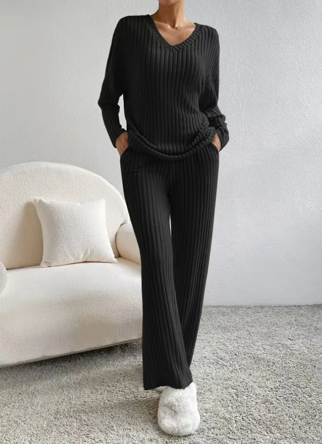 Fashionable Knitted Two-Piece Set Casual V-Neck Long Pants Autumn Winter New Style Loose Fit Korean Style Comfortable Polyester - Image 13