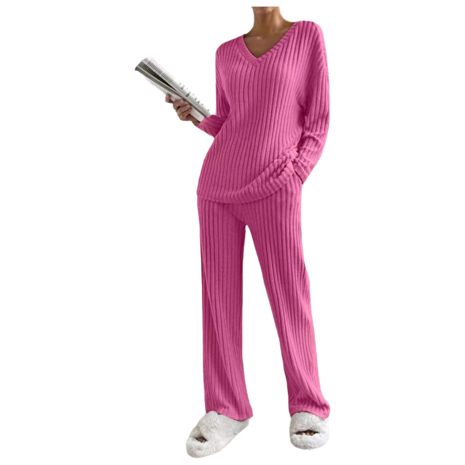 Fashionable Knitted Two-Piece Set Casual V-Neck Long Pants Autumn Winter New Style Loose Fit Korean Style Comfortable Polyester - Image 6