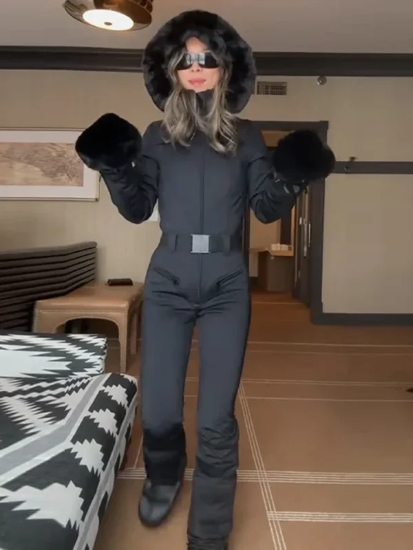 Saf8661b3e0b6466fab298779767f10bcY.webp Women Fur Collar Hooded Skiwear Fashion Solid Thicken Zipper High Waist Slim Outdoor Overalls Jumpsuit Lady Winter Outwear