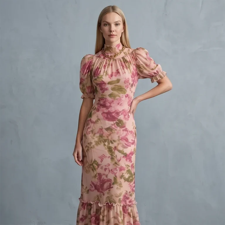 Women Chic Pink Floral Print Maxi Vestido Elegant V Neck Ruffle Trim Flare Sleeve Ruched High Chiffon Dress 2026 Party Outfit