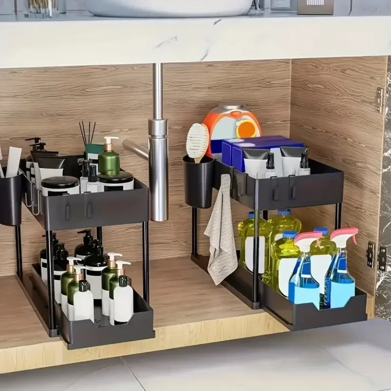Sb11c6b635f9d49c19d27274d2b65639eU.webp 2Tier Multi-function Kitchen Sink Organizer,Sliding Cabinet Basket with Hooks Hanging Cup-New Bathroom Kitchen Space-Saving Rack