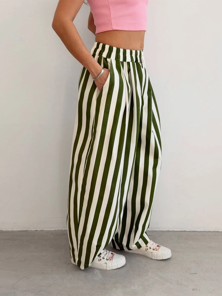 Casual Striped Balloon Pants Women Chic Elastic Waist Wide Leg Loose Fit Long Trousers 2026 Summer Lady Daily Street Wear New - Image 3