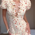 Sb20b5eb1c5874a8eb1840ff3ca845202G.webp White Red Floral Ruched Puff Sleeve Mini Dress V-neck Ruffle Hem 3d Rose Dresses 2026 Summer Lady Party Sweet Date Vestidos New