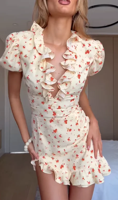 Sb20b5eb1c5874a8eb1840ff3ca845202G.webp White Red Floral Ruched Puff Sleeve Mini Dress V-neck Ruffle Hem 3d Rose Dresses 2026 Summer Lady Party Sweet Date Vestidos New