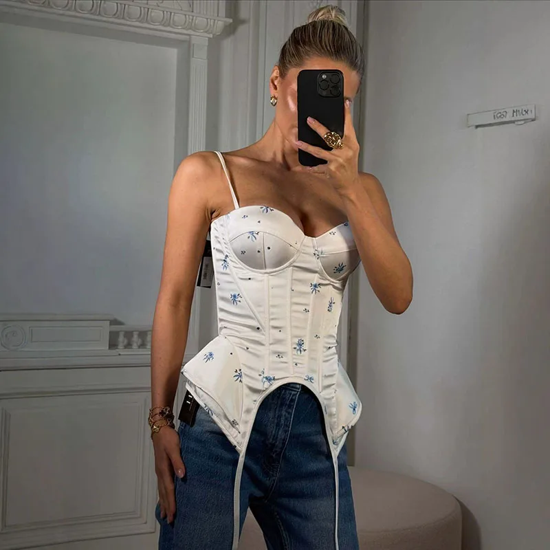 Sexy Print Fishbone Sling Tops Women Bandage Ribbon Patchwork Fitted Corset Female 2026 Summer New Chic Evening Party Tanks Lady - Image 7